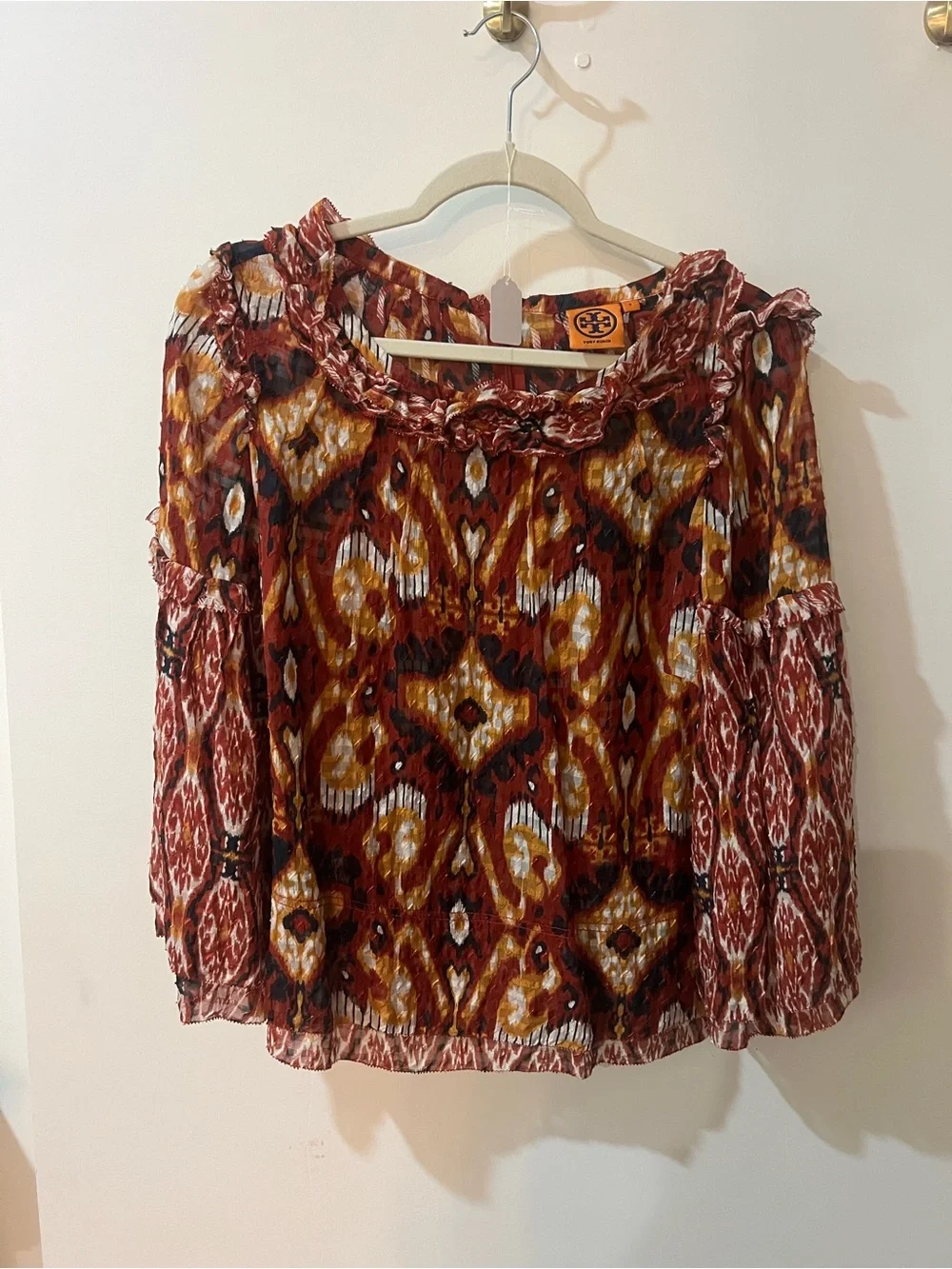 Tory Burch Rust and Brown Ikat-Print Ruffled Neck Blouse